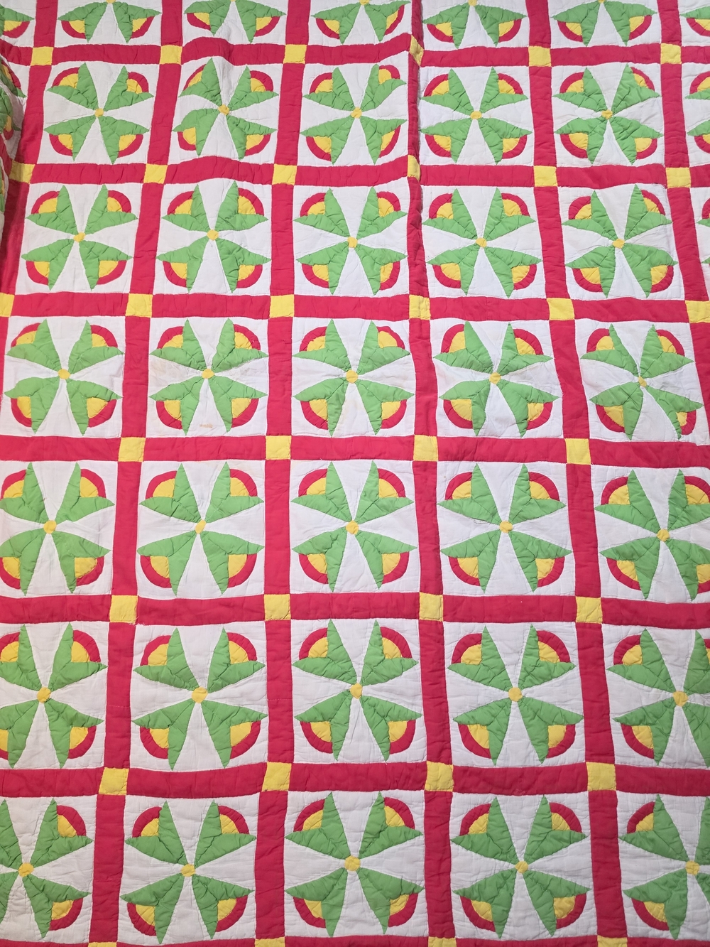 Hand-stitched Red, Green & Yellow Patchwork Quilt - Floral Design